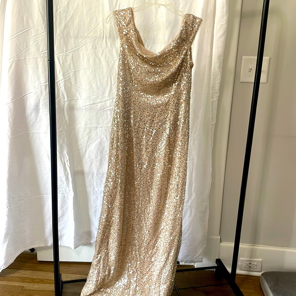 Off the shoulder light gold sequin dress